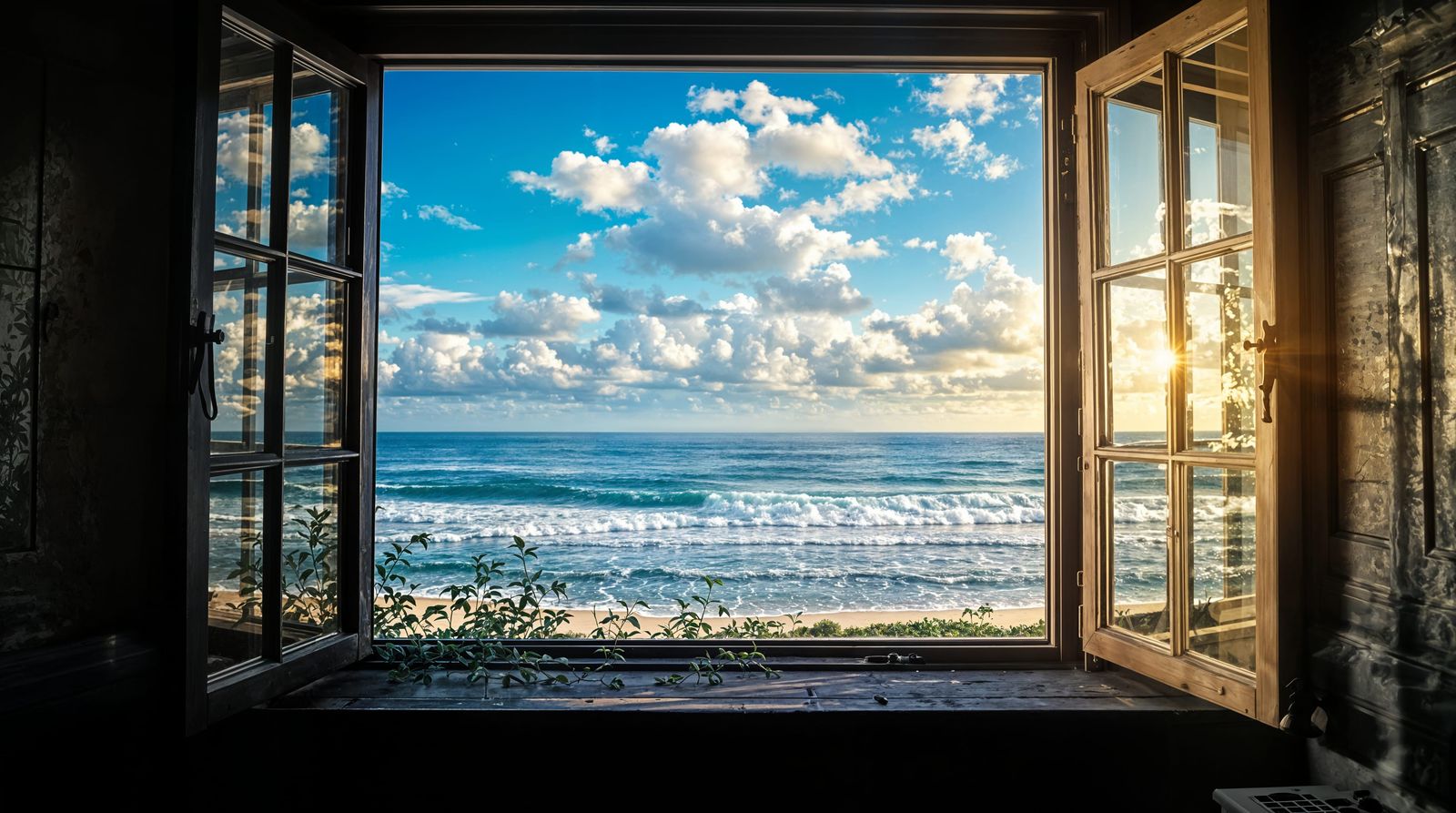 Ocean View from Dark Room with Herb, Photorealistic