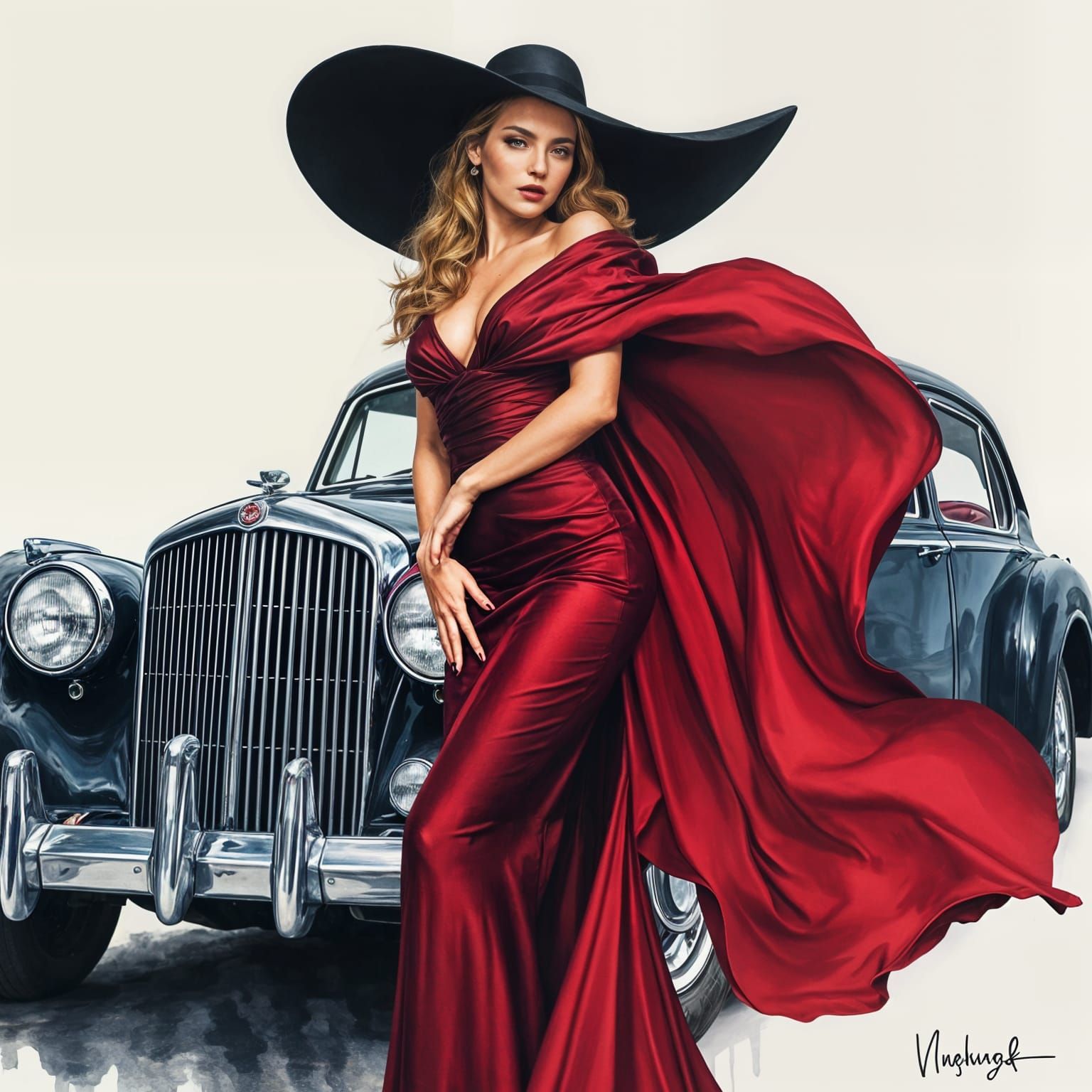 Elegant Woman in Wet Ink Style with Classic Car