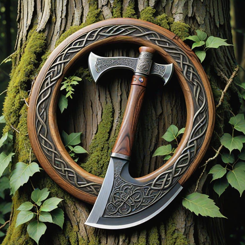 Sturdy Axe Head Surrounded by Ancient Oak Celtic Knotwork