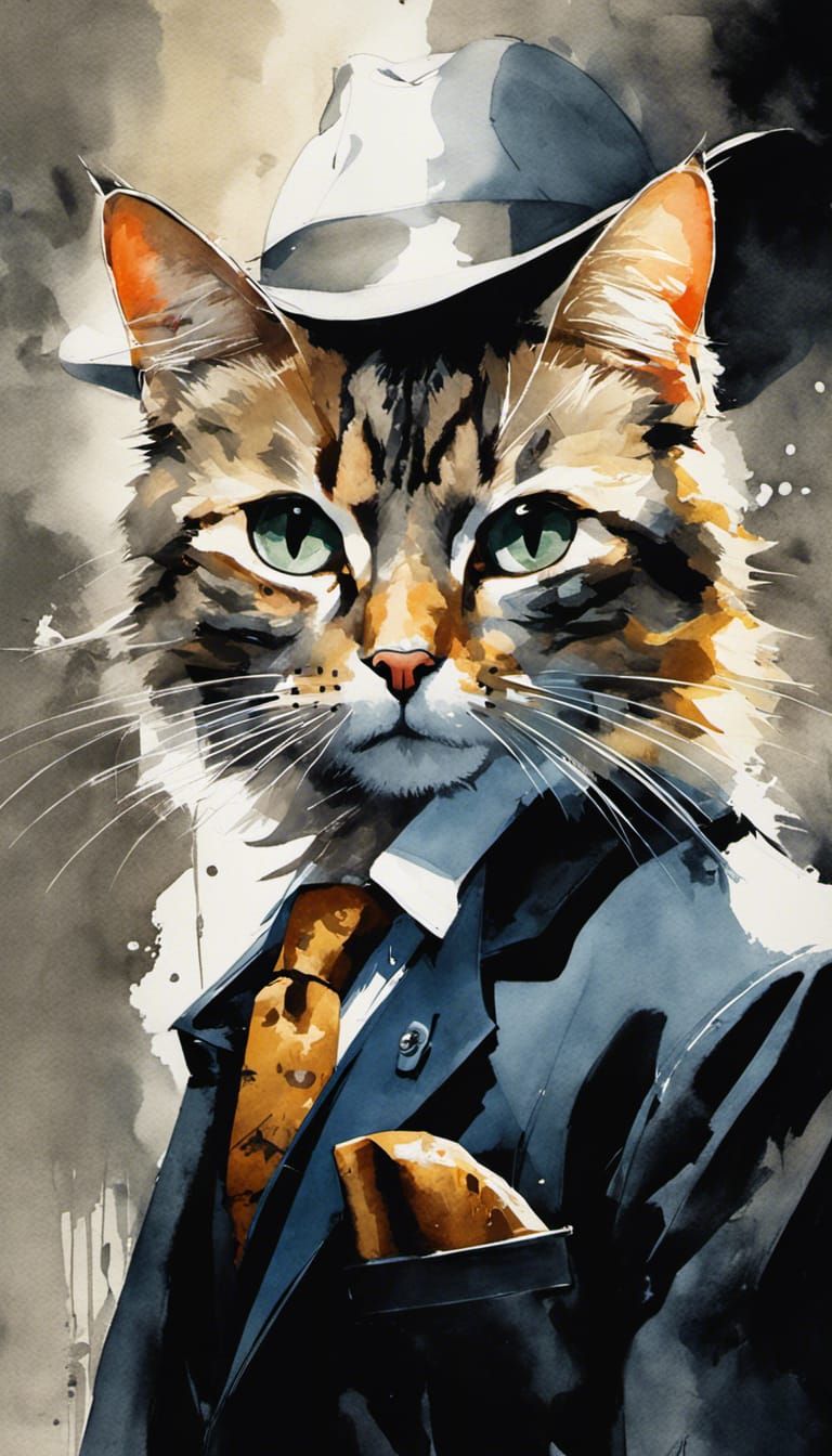 Cat Detective in Noir Style Watercolor Portrait