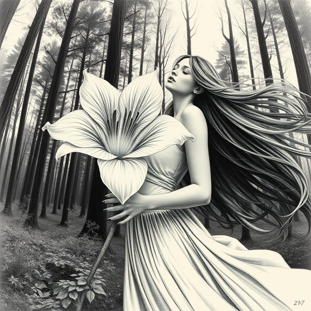 Woman with Flower, Etching in Warped Perspective