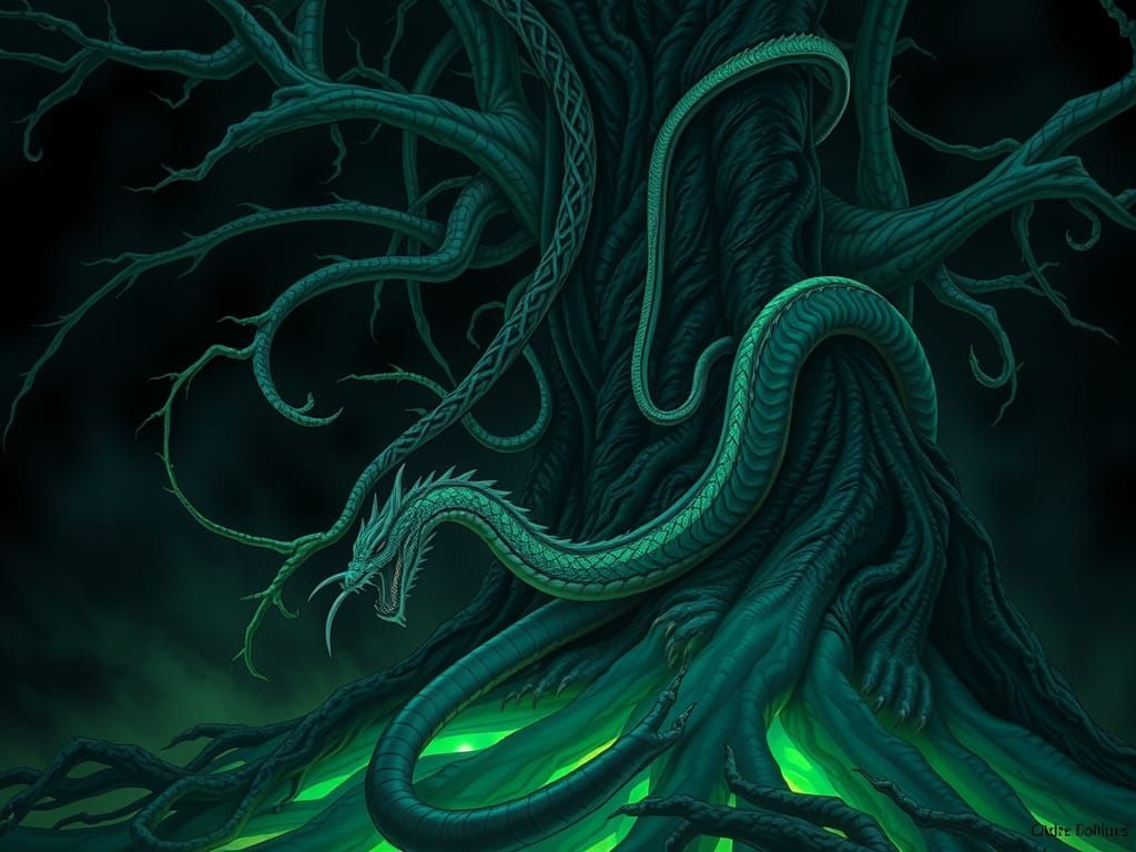 Níðhöggr Gnawing Yggdrasil Roots in Dark Fantasy Style