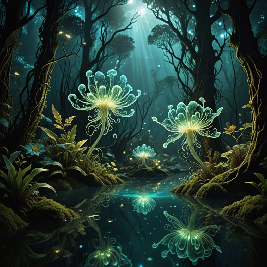 Bioluminescent Fairy in Dreamlike Forest, Haeckel Style