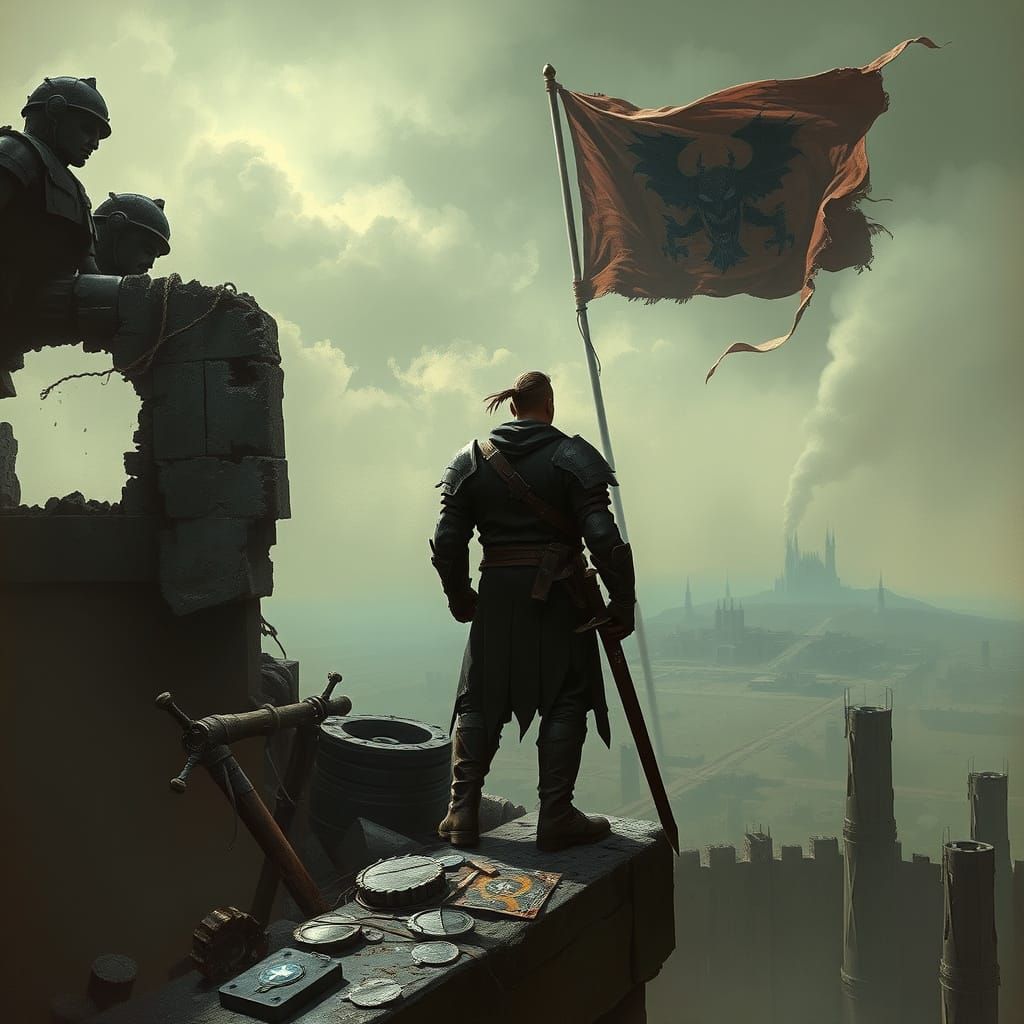 Gritty Dark Fantasy Warrior in Industrial Armor, Holding Fla...