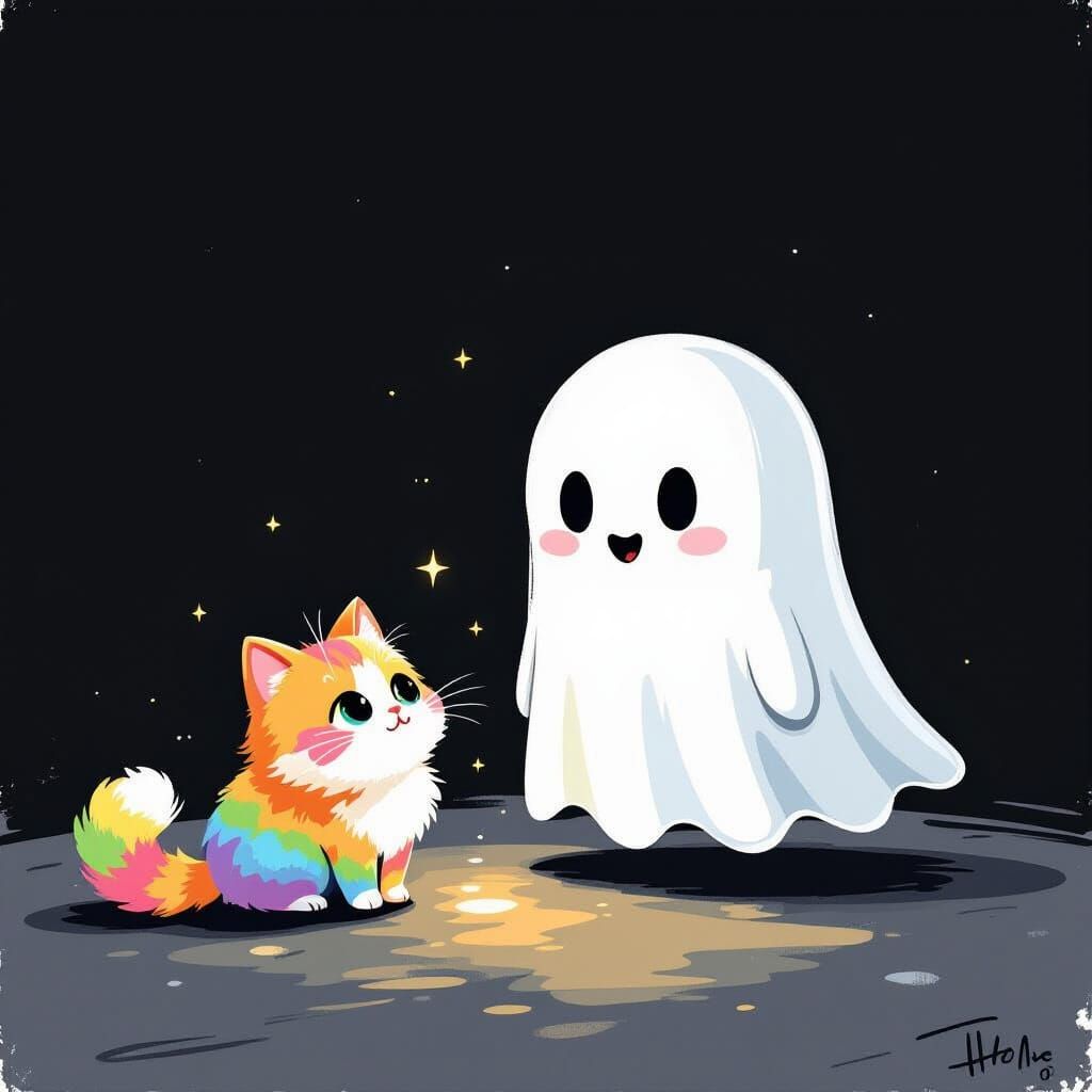 Ghost and Rainbow Cat in Minimalist Room