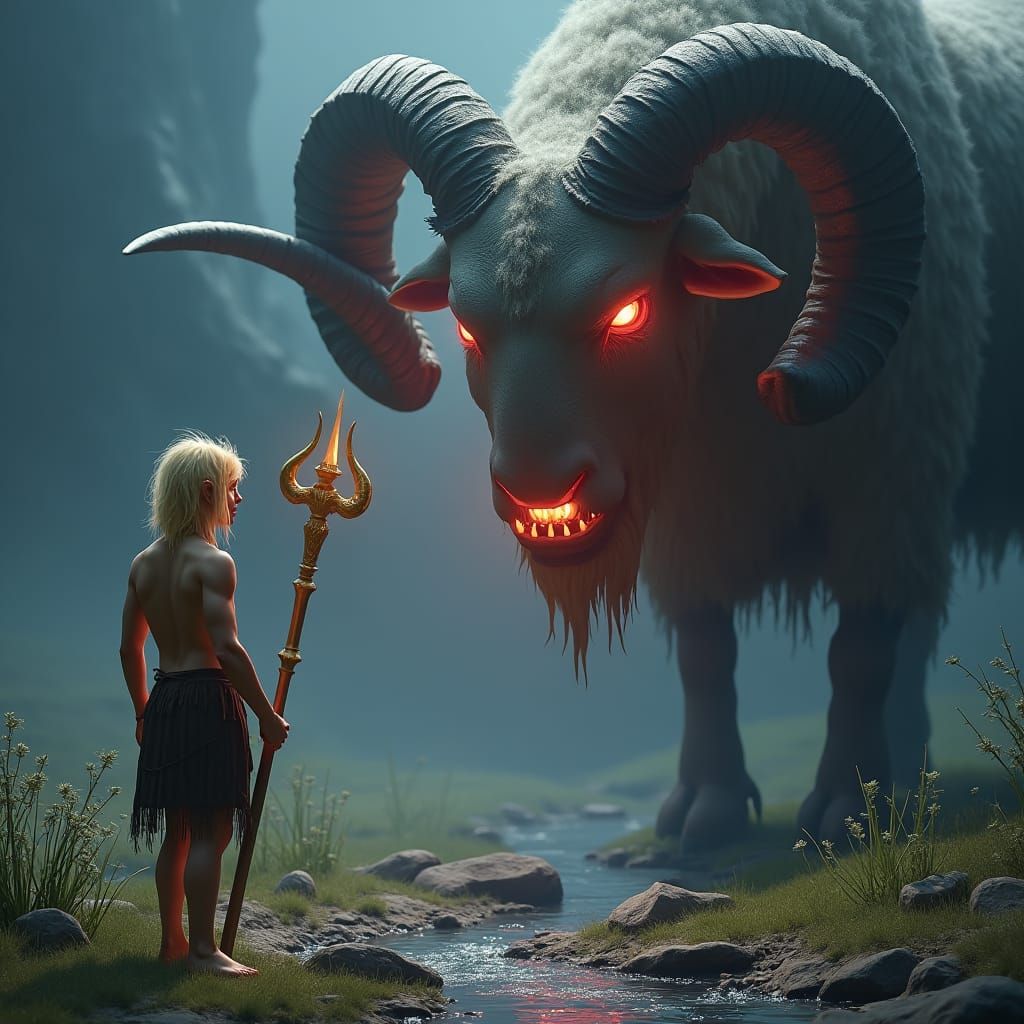 Elf Confronts Monster Sheep in Art Nouveau Style