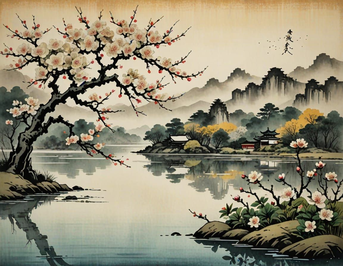 Blossoming Apple Tree in Goldenpunk Chinese Watercolor