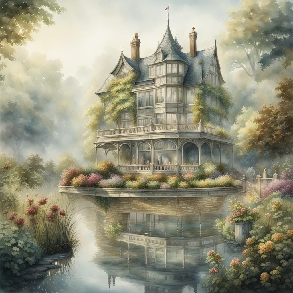Victorian Garden in Morning Fog: Watercolor Aesthetic