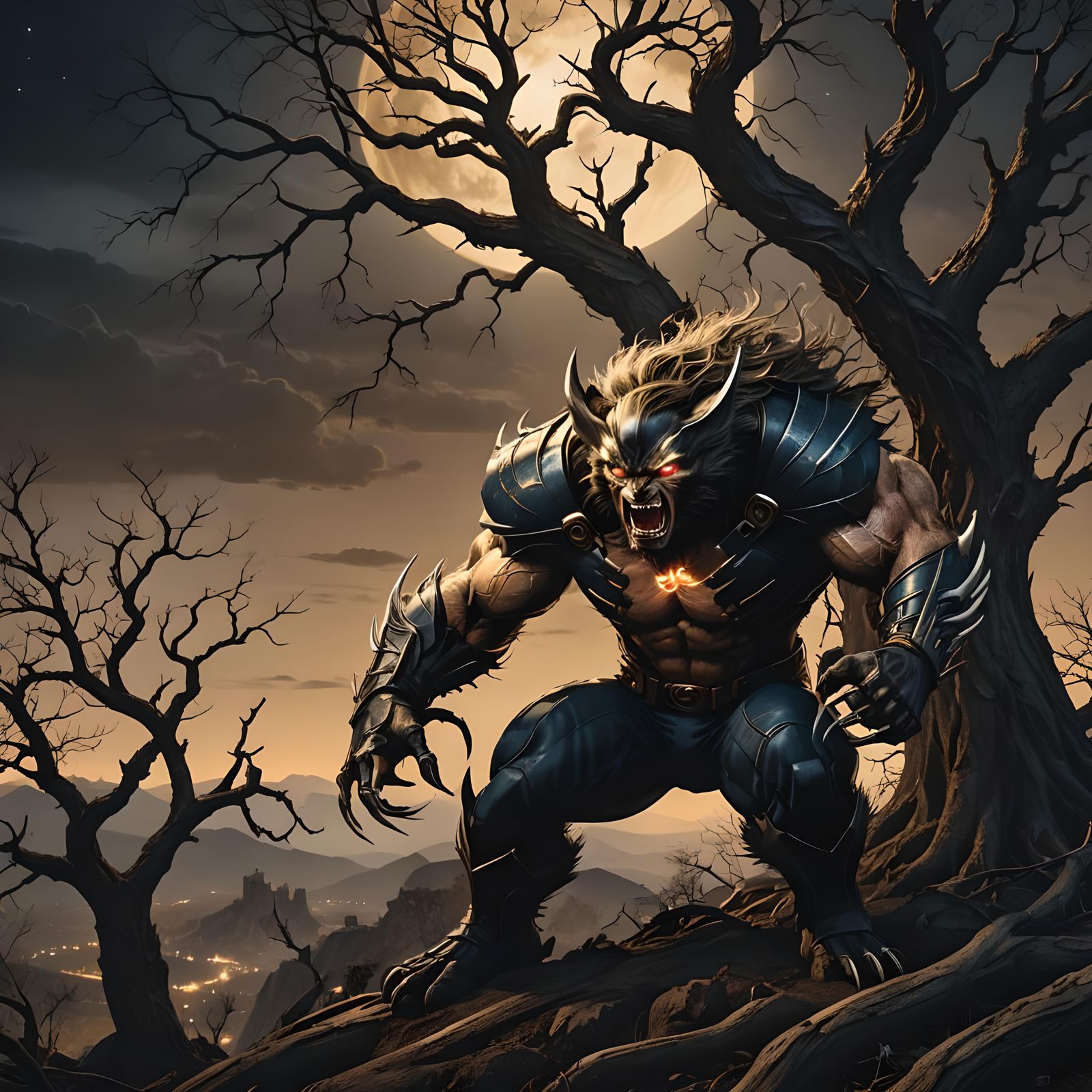 Wolverine on Hilltop Under Moon, Detailed Matte Painting
