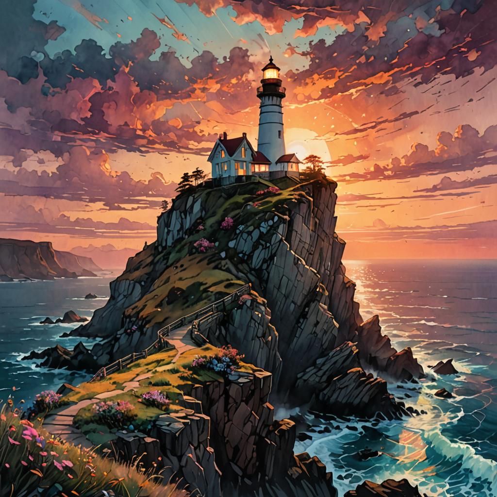 Epic Lighthouse at Sunset: Waterhouse-Inspired Watercolor