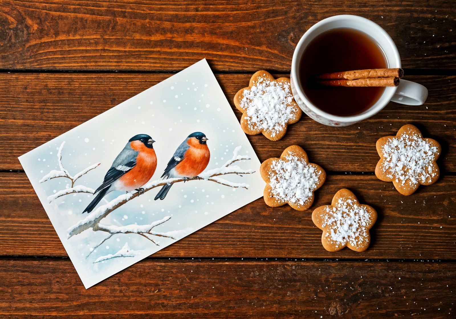 Vintage Christmas Card Featuring Bullfinches in Watercolor