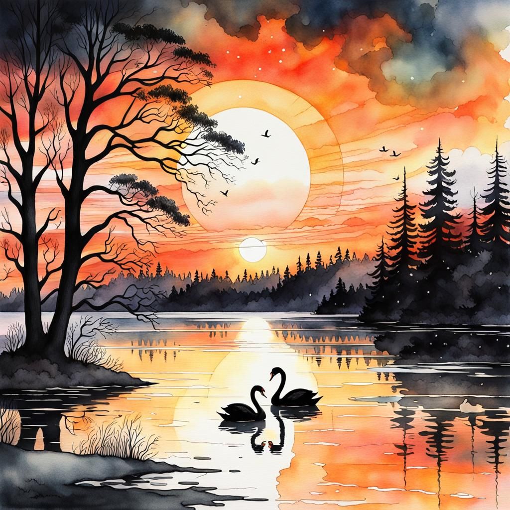Surreal Sunrise with Swans: Digital Watercolor Art