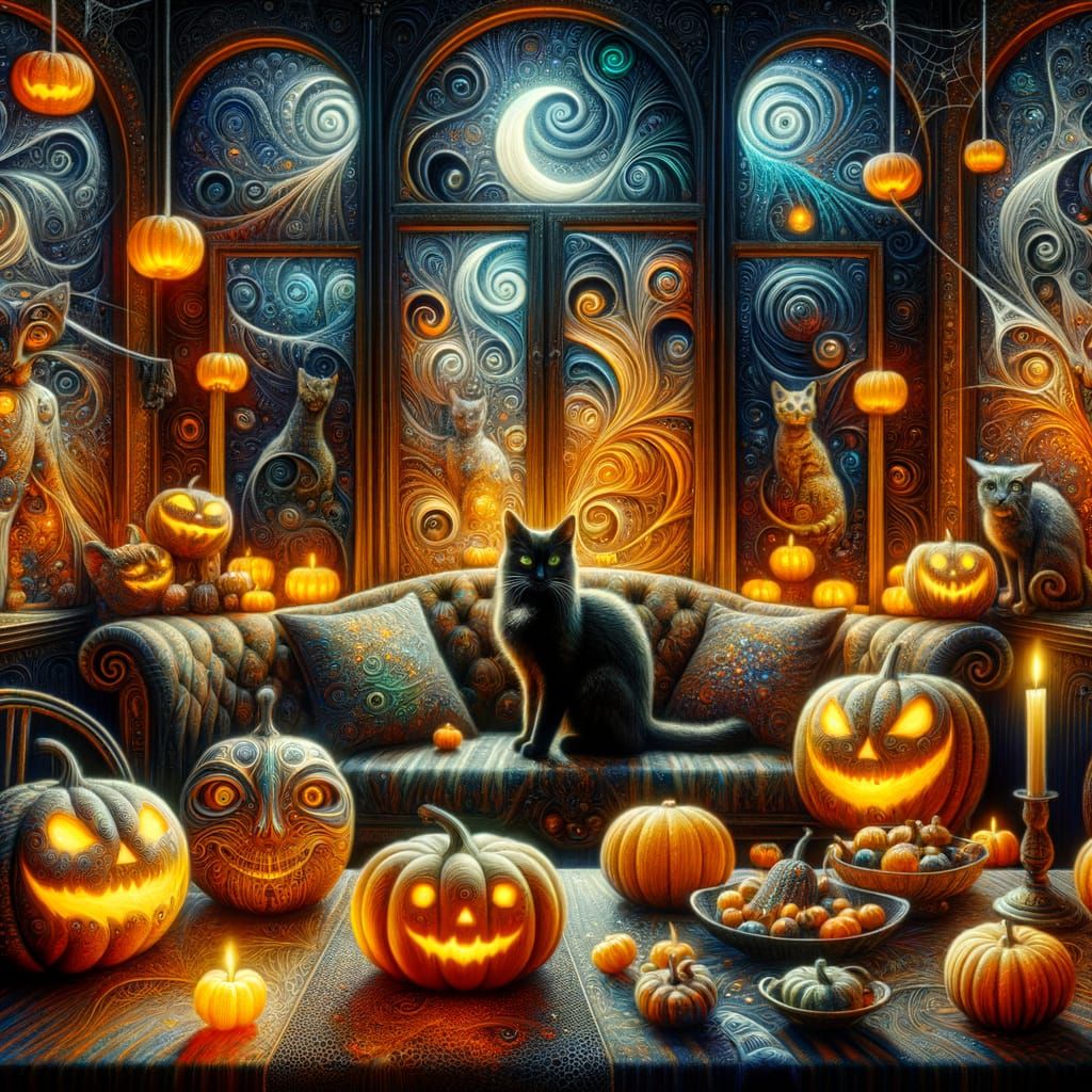 A captivating Halloween-themed interior with a mystical blac...