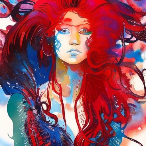 Navajo Girl with Red Hair: Gouache Watercolor Art