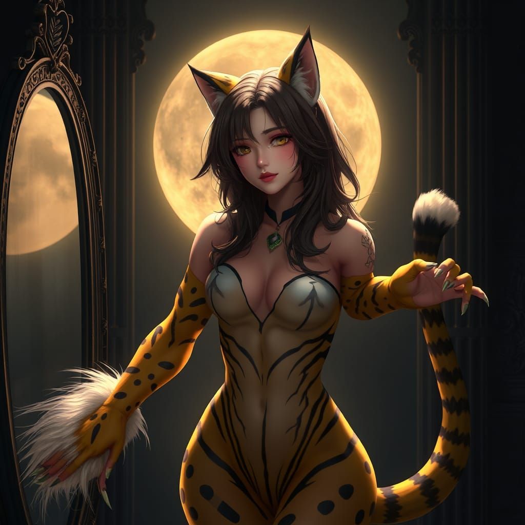 Mystical Woman's Transformation to Cheetah in Anime Art