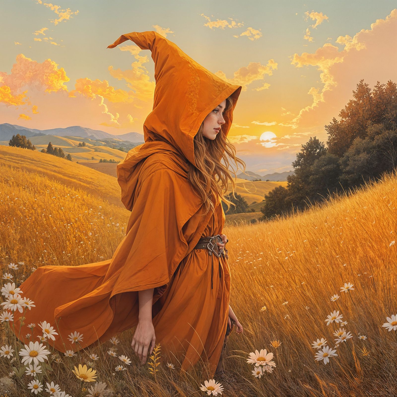 Surreal Fantasy Wizard Emerges from Orange Sunset