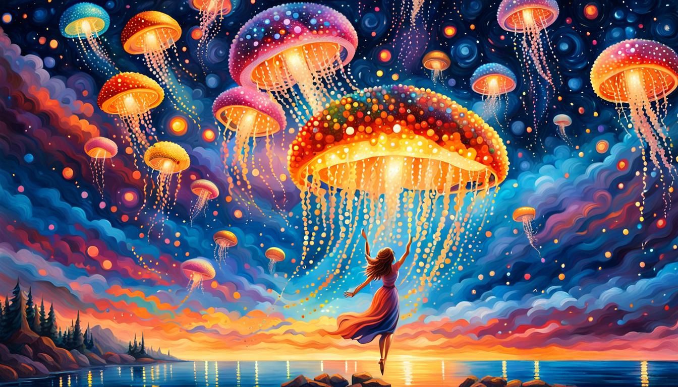 Woman Catching Jellyfish in Pointillist Night Sky