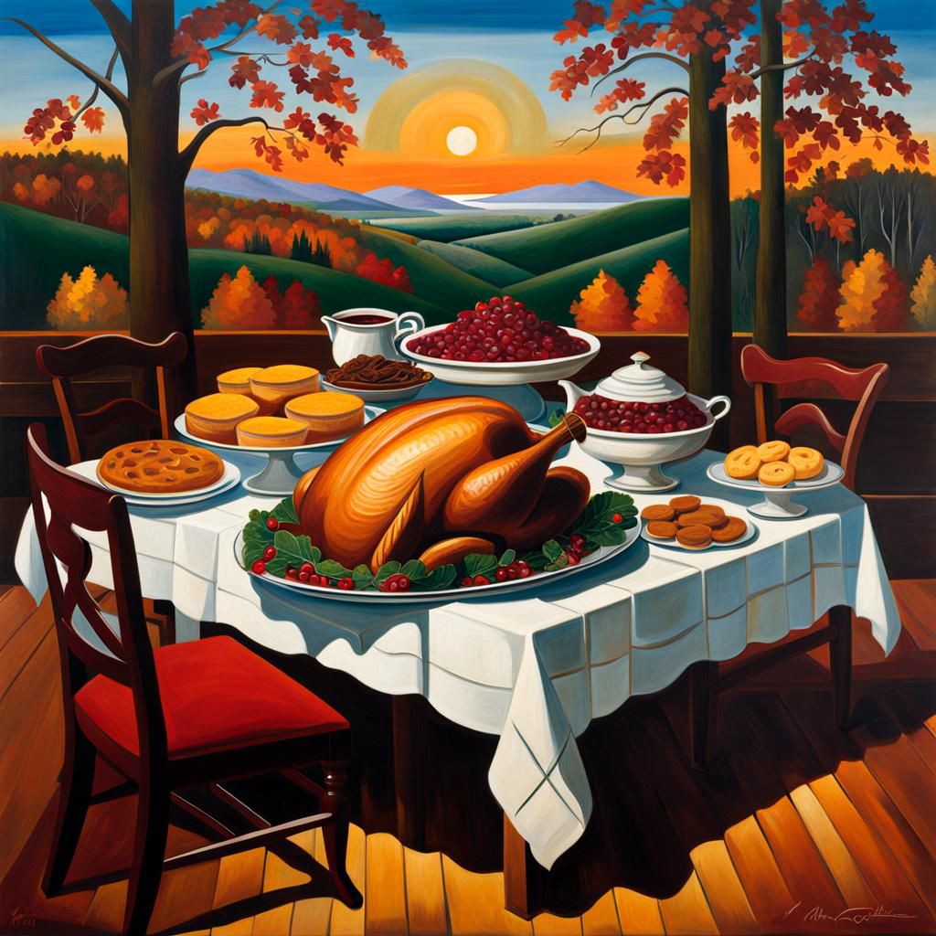 Thanksgiving Feast Painting in Harlem Renaissance Style