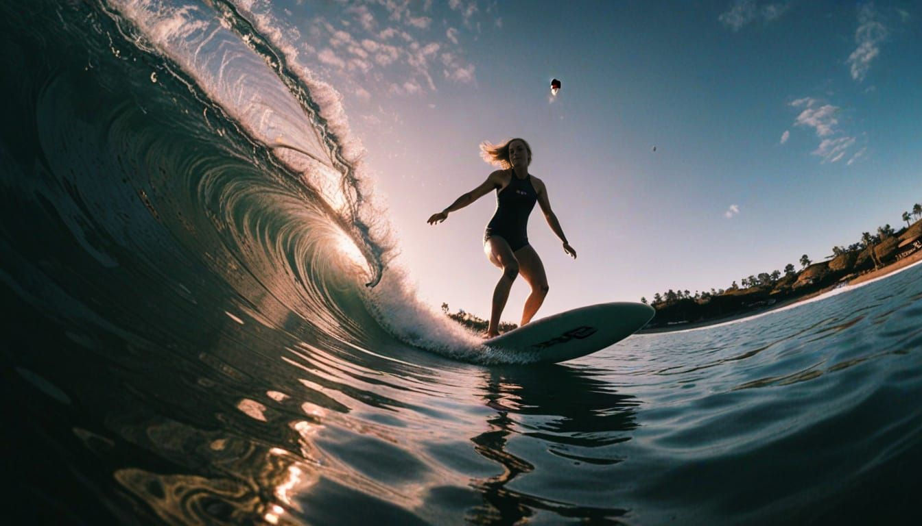 Girl Surfs Big Wave in Monochromatic Film Noir Style