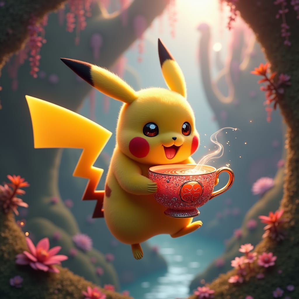 Tipsy Pikachu's Whimsical Tea Party in Dreamland