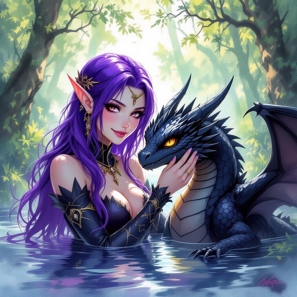 Dark Elf Petting Black Dragon in Woods
