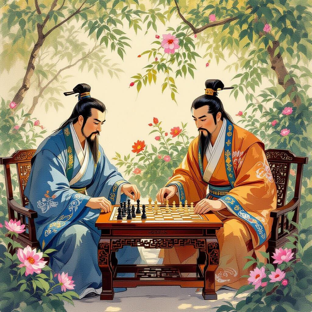 Ancient Chinese Men Playing Chess in Impressionist Style