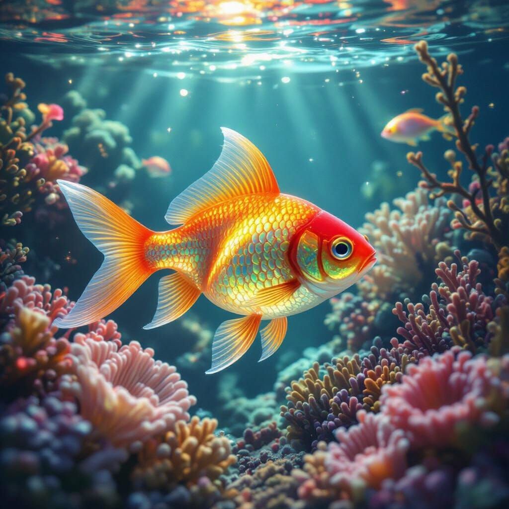 Bioluminescent Glass Goldfish in Underwater Coral Garden