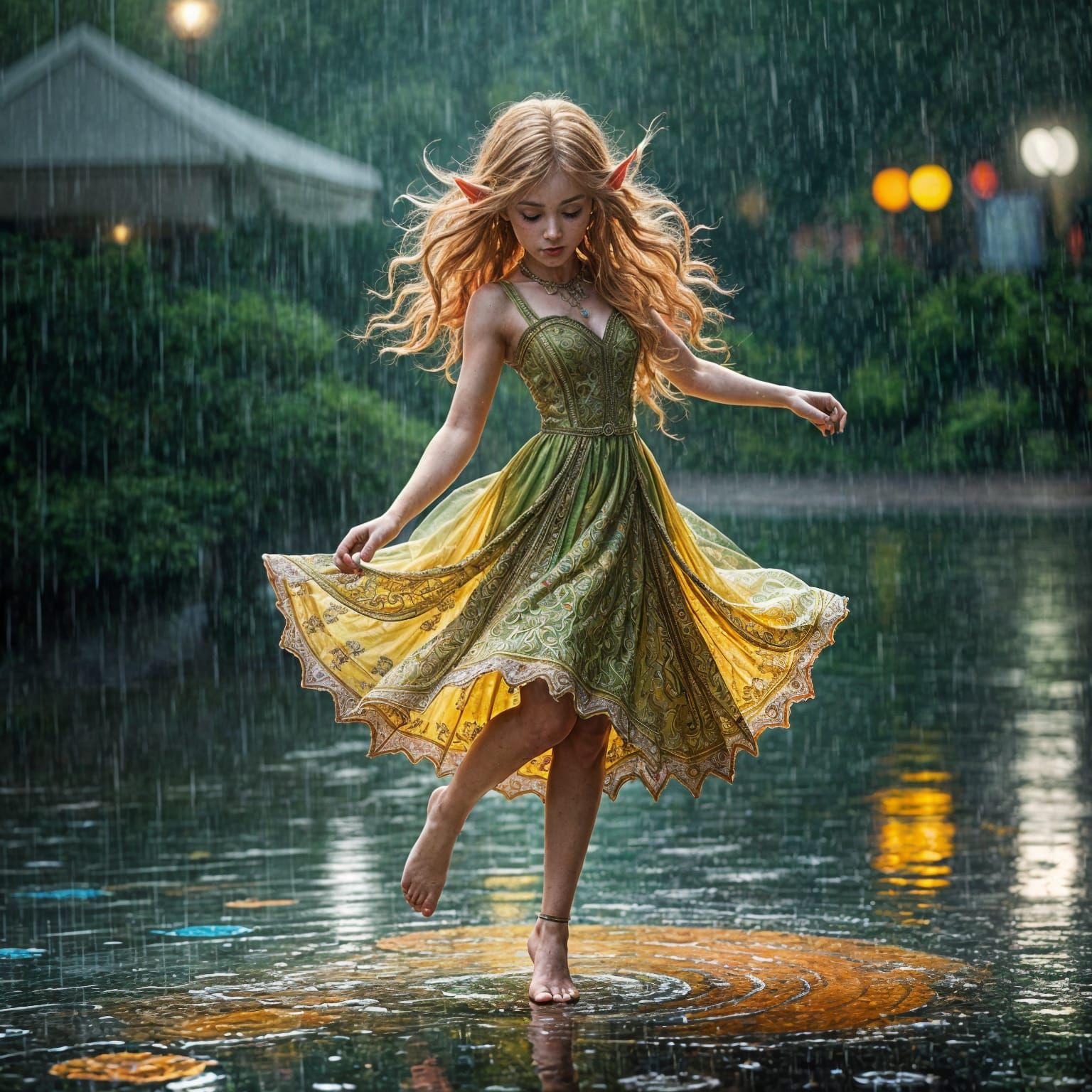 Surreal Hyperrealistic Elf Dances in Vibrant Rain