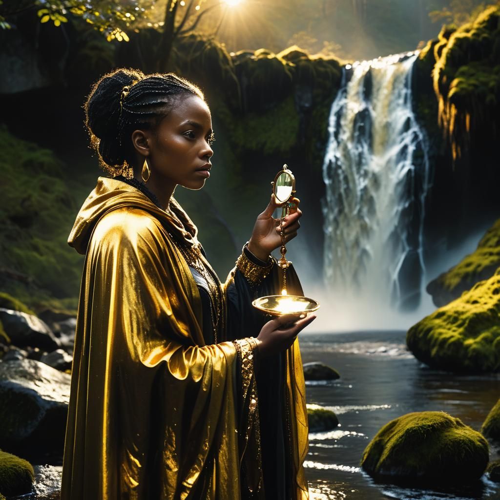 Mystical Black Woman with Mirror in Waterfall