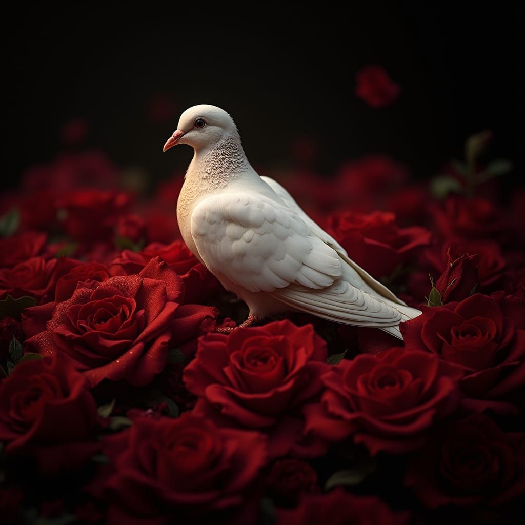 Mystical Dove Amidst Blood Roses in a Fantastical Realm
