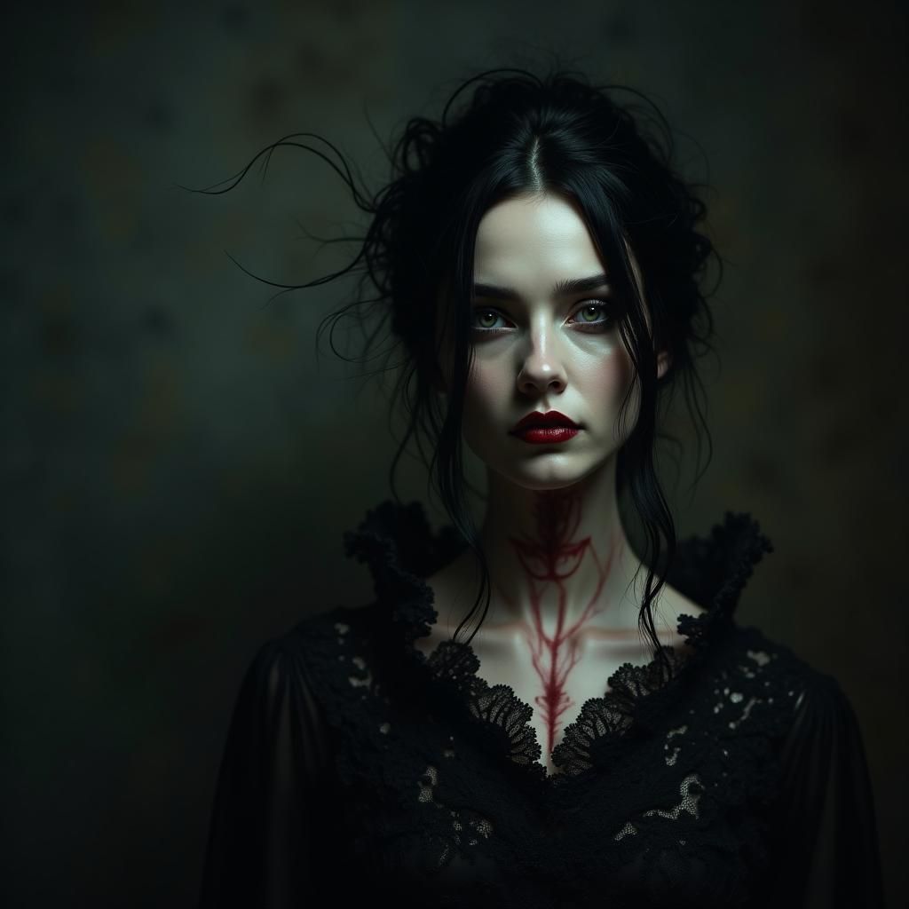 Mysterious Woman with Devil's Mark in Dark Gown