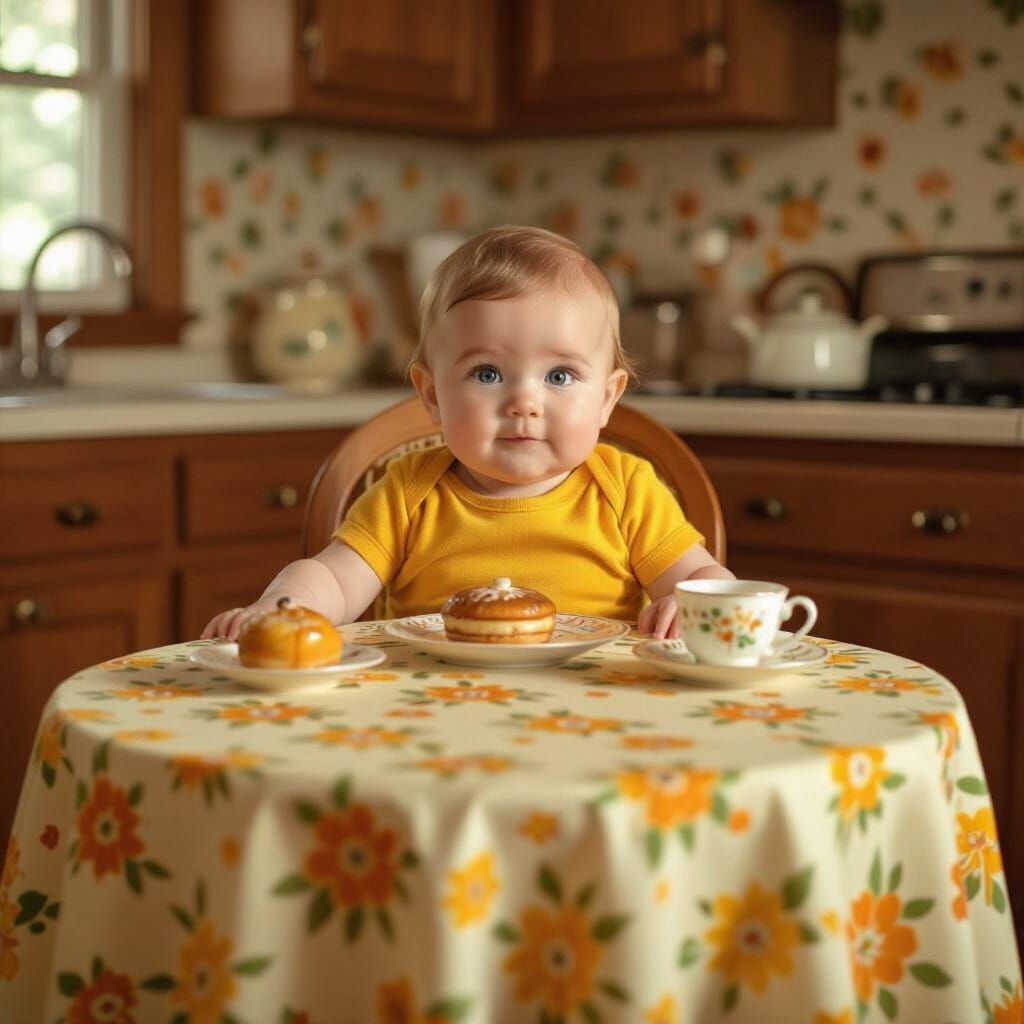 Baby at 70s Table with Pastry, 3D Rendered Art