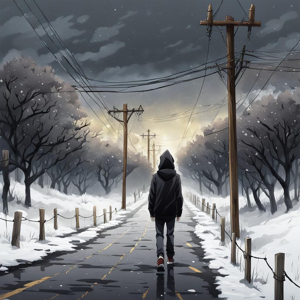 Melancholy Anime Man Walks Snowy Path