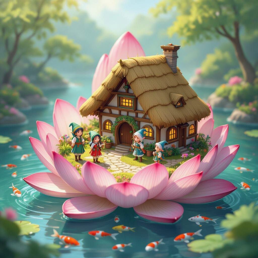 Elven Village Inside Lotus Flower in Anime Style