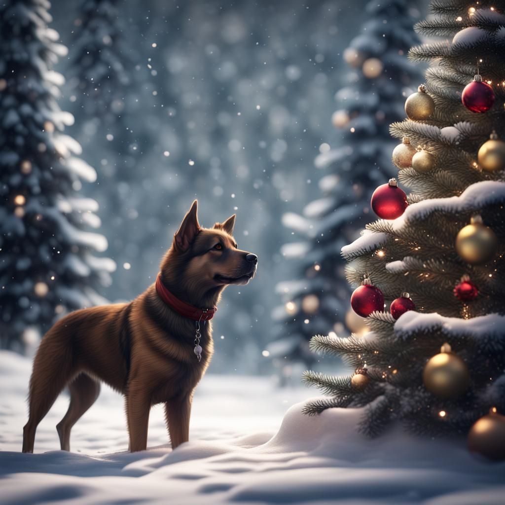 Dog by Snowy Christmas Tree: Digital Matte Painting