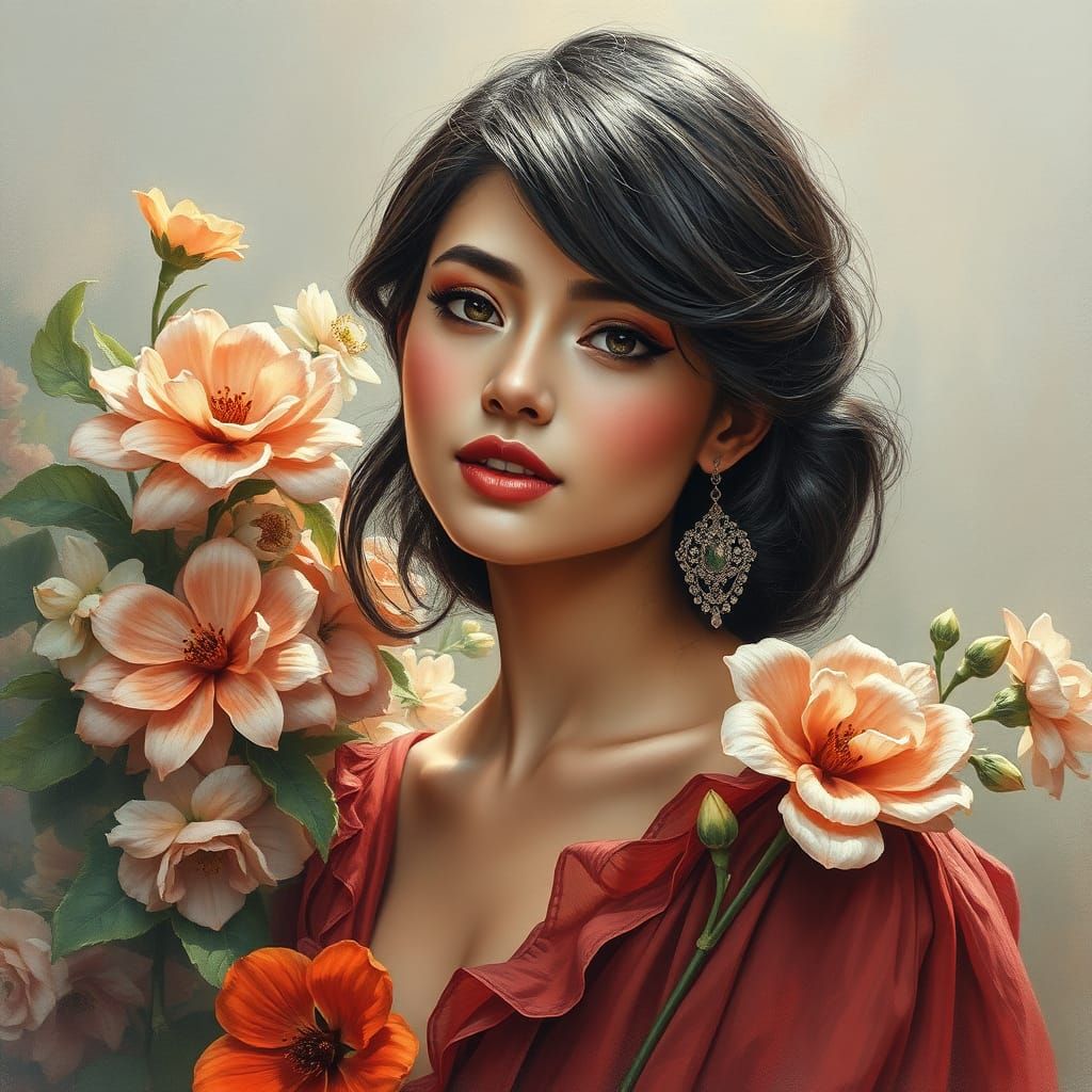 Elegant Brunette in Floral Setting: Neo-Impressionist Portra...