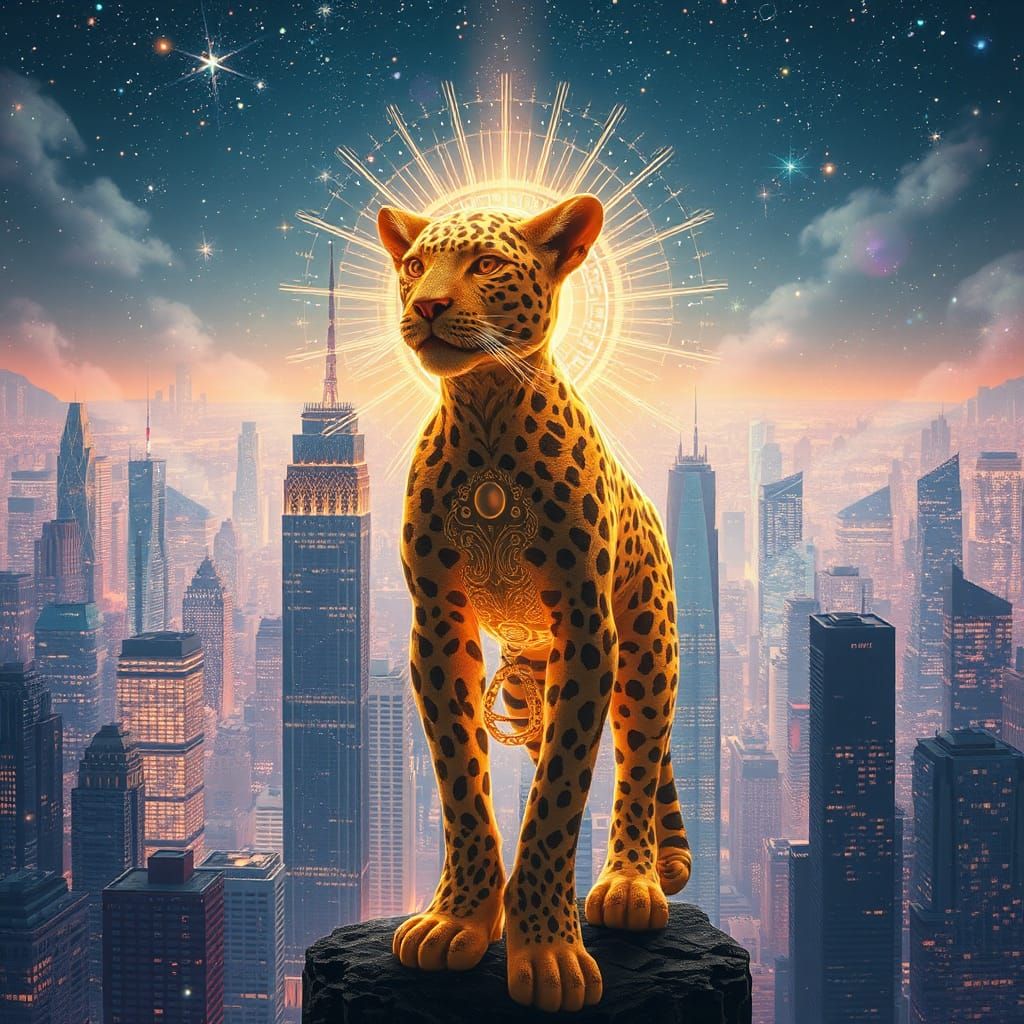 Celestial Leopard in Iridescent Cityscape: A Surreal Vision