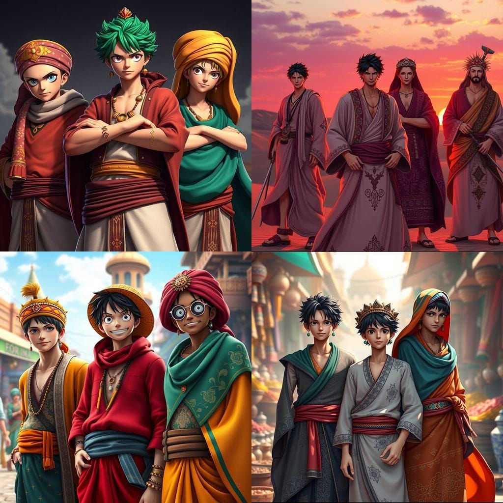Anime Trio in Detailed Moroccan Attire