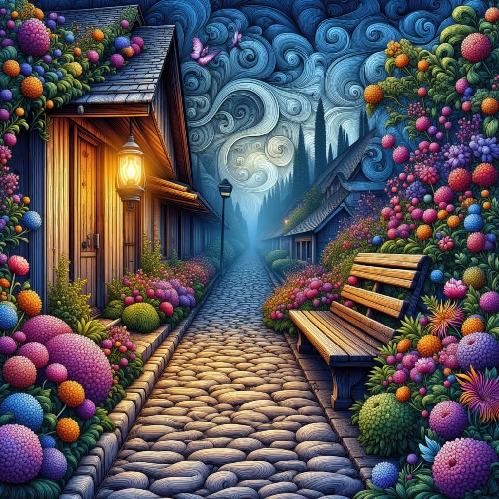 Lantern Glow on Cobblestone Path with Wildflowers