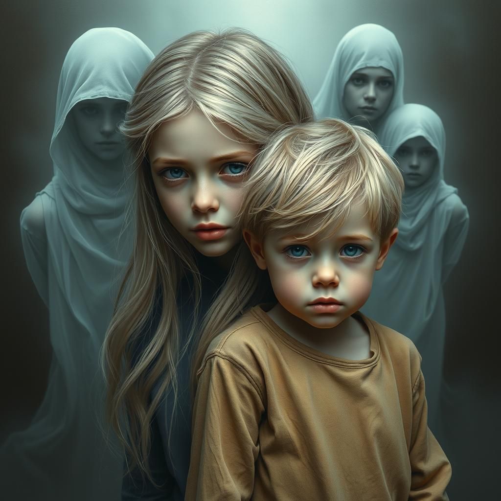 Sad Children with Ghosts: Photorealistic Image