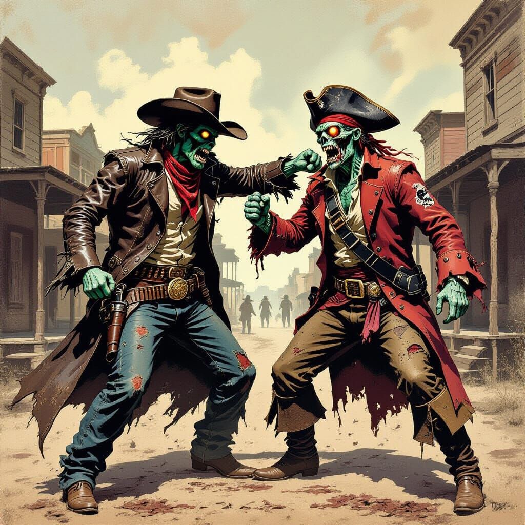 Zombie Cowboy vs Zombie Pirate Brawl