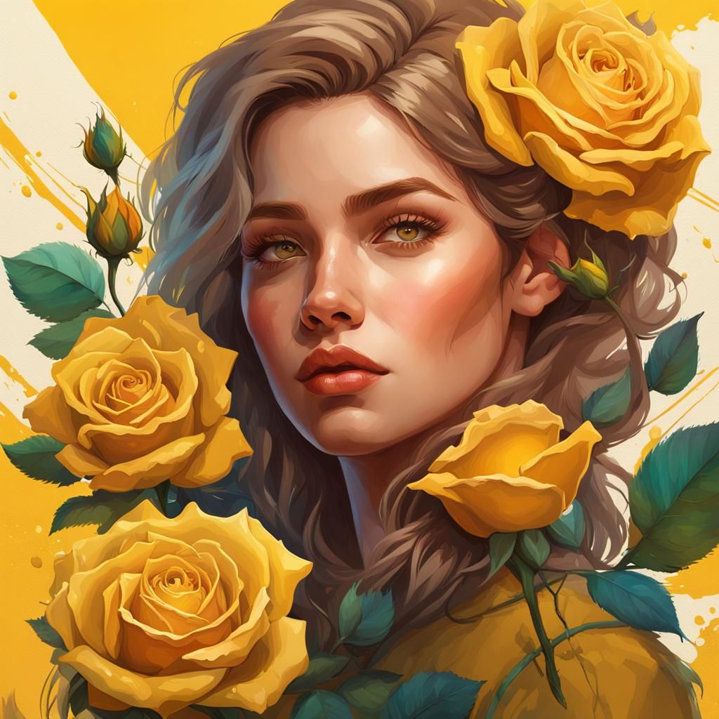 Beautiful Woman with Yellow Rose, Hyperdetailed Portrait