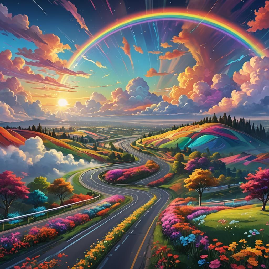Rainbow Highway: Colorful Digital Art in Flower Park