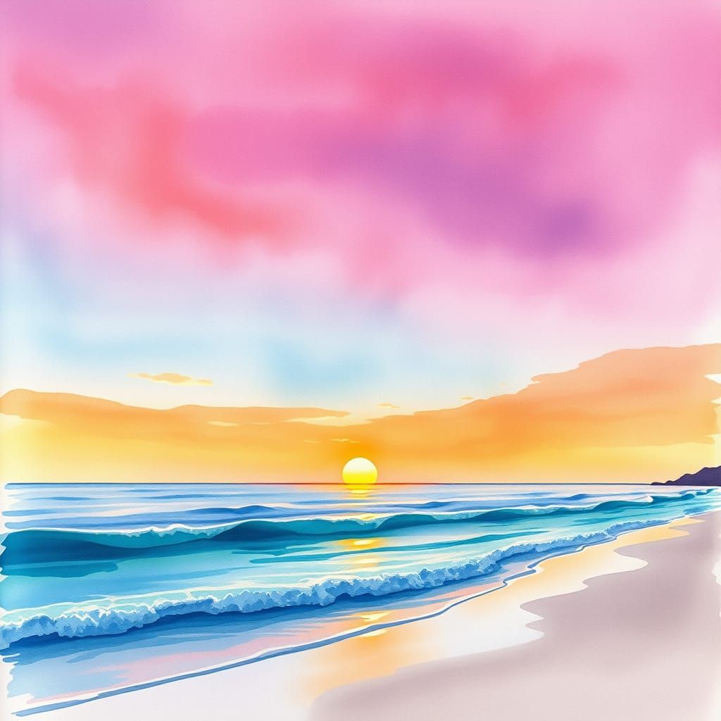 Dreamy Watercolour Sunset Beach Scene
