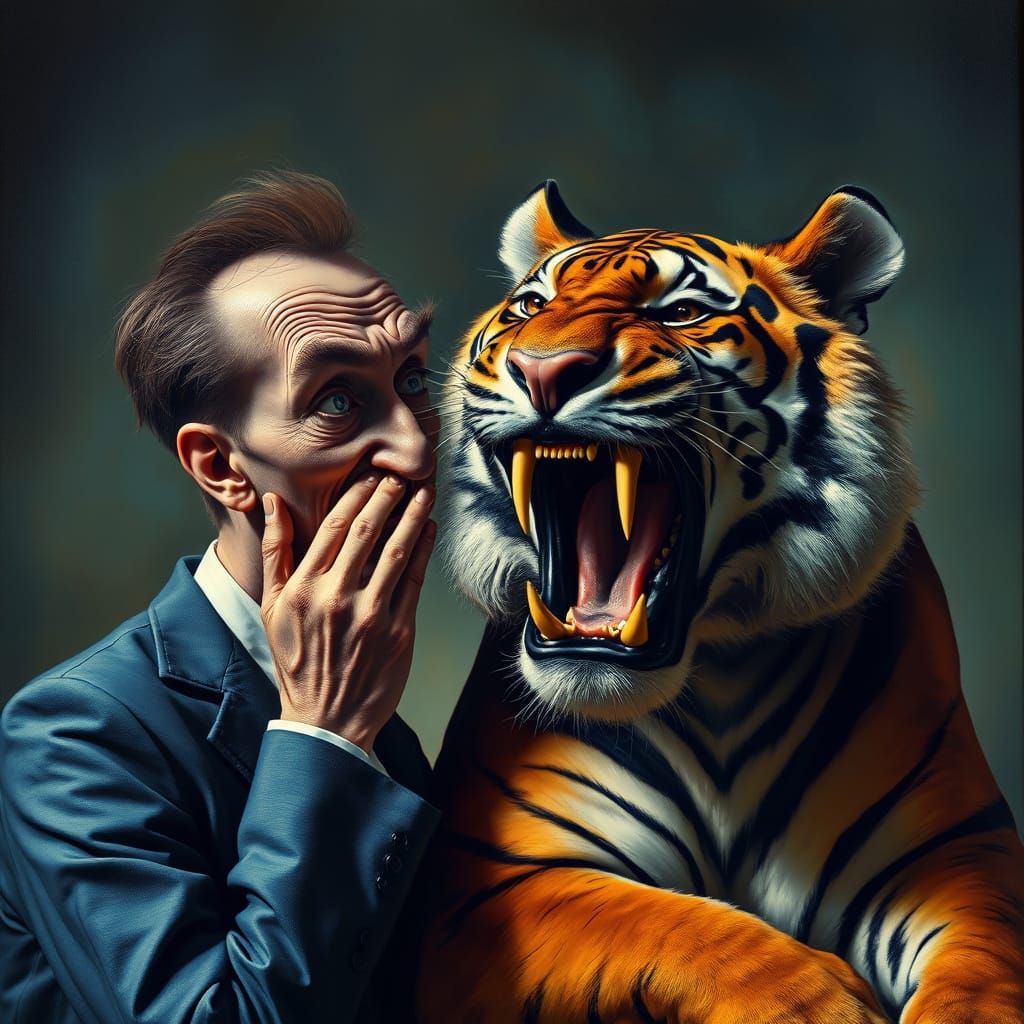 Surreal Man Whispers to Enraged Tiger in Dali-esque Dreamsca...