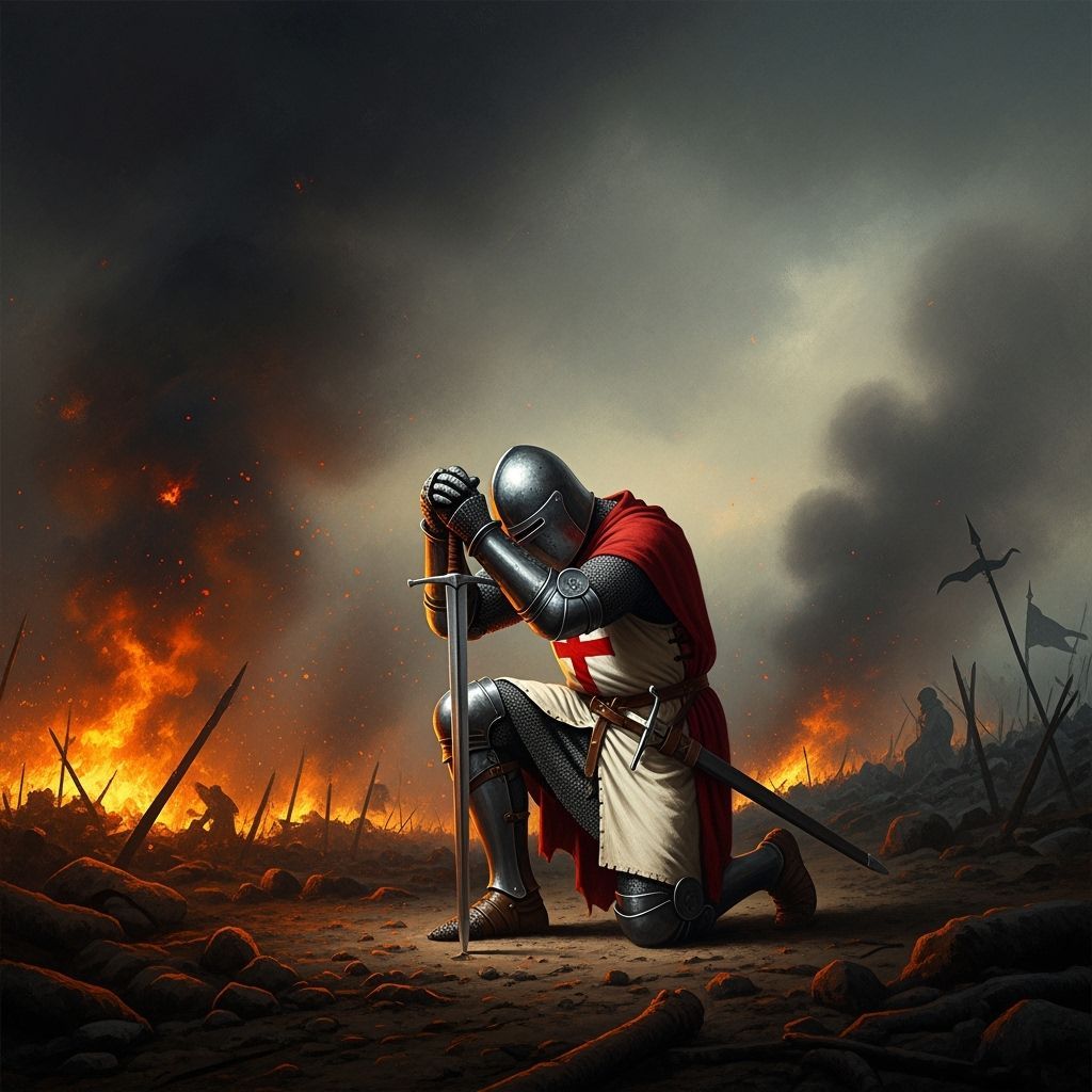 Lone Knight Kneels on Smoky Post-Battlefield