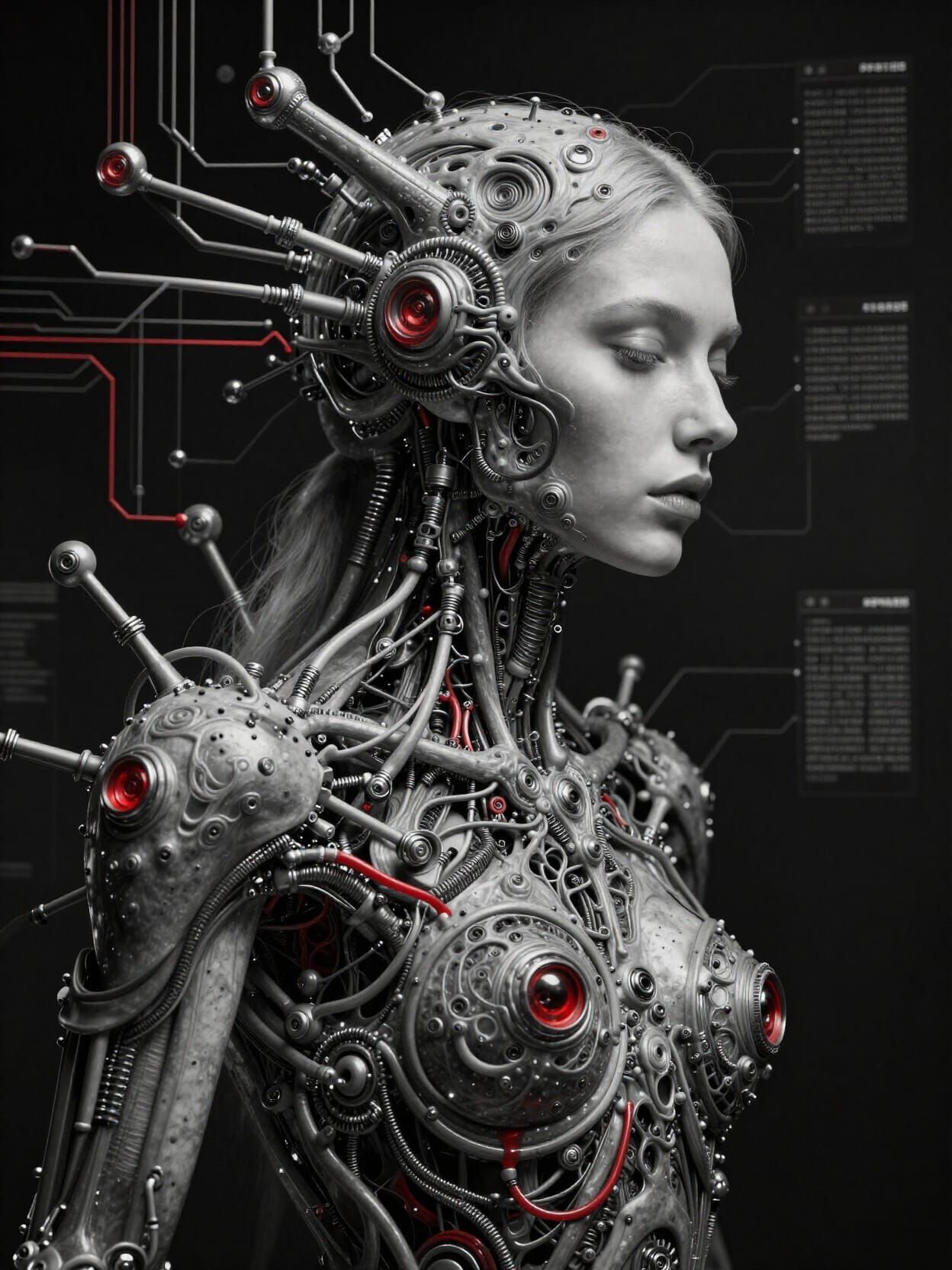 Surreal Woman Connected to Digital Realm in Biomechanical St...