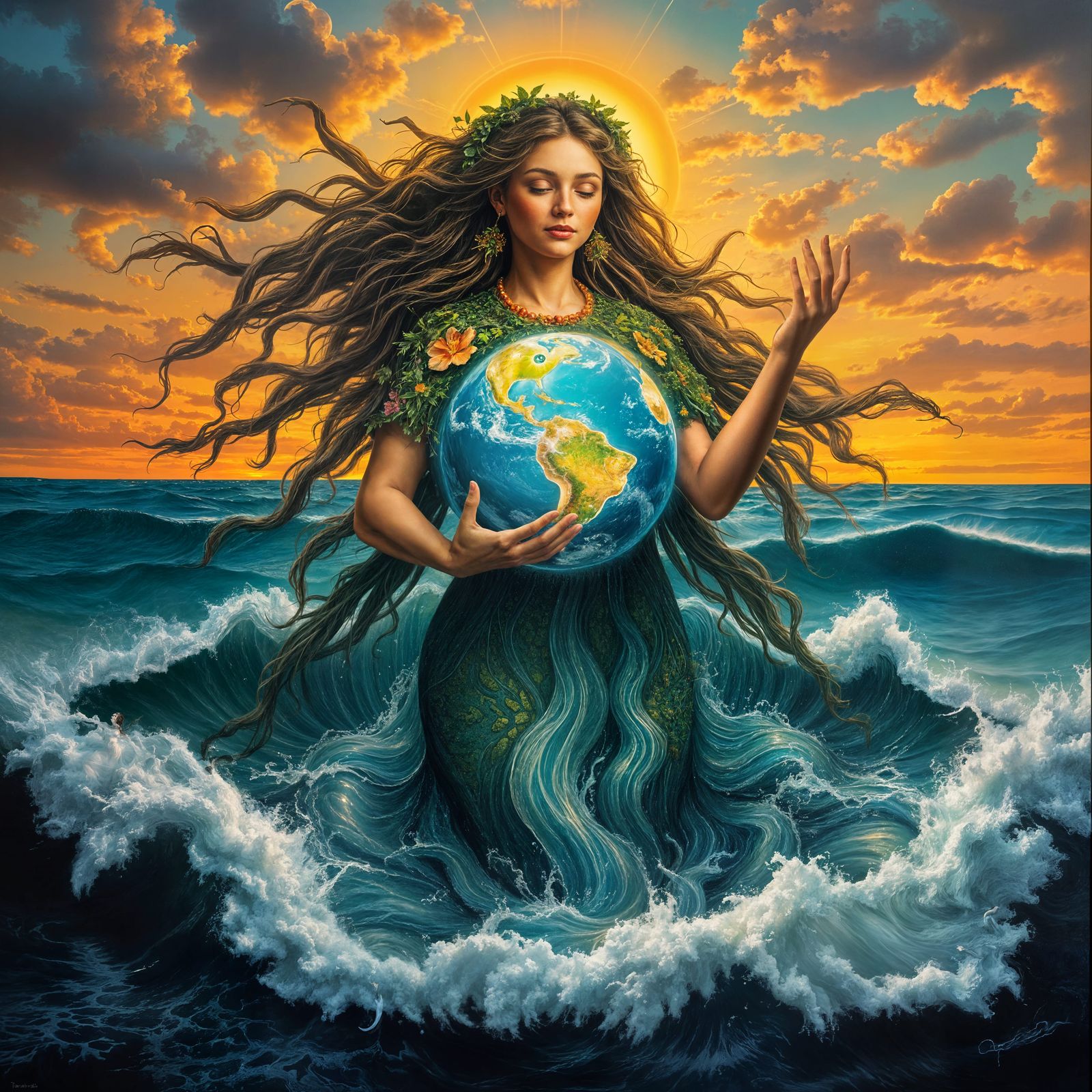 Earth Goddess Emerging from the Ocean: Hyperrealistic Painti...