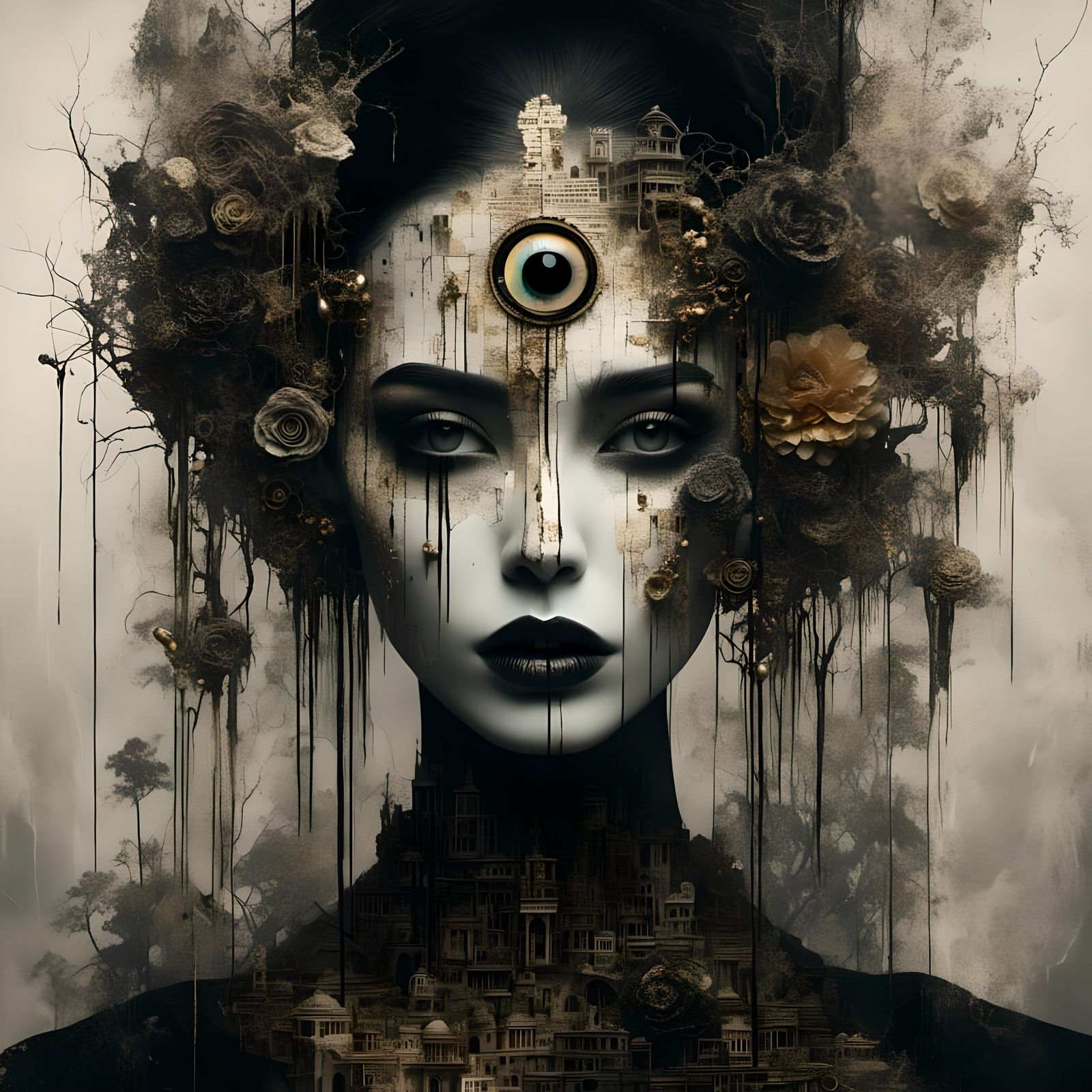 Mystical Gothic Landscape with Newspaper Texture