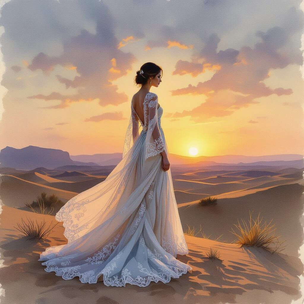 Woman in Flowing Gown at Desert Twilight, Painterly Realism